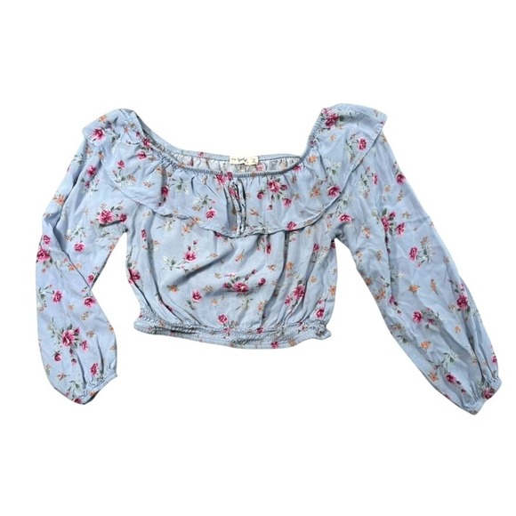 To Be Spoiled Tops - Blue Pink Floral‎ Ruffle Crop Top Long Sleeve M Cottagecore Coquette Feminine